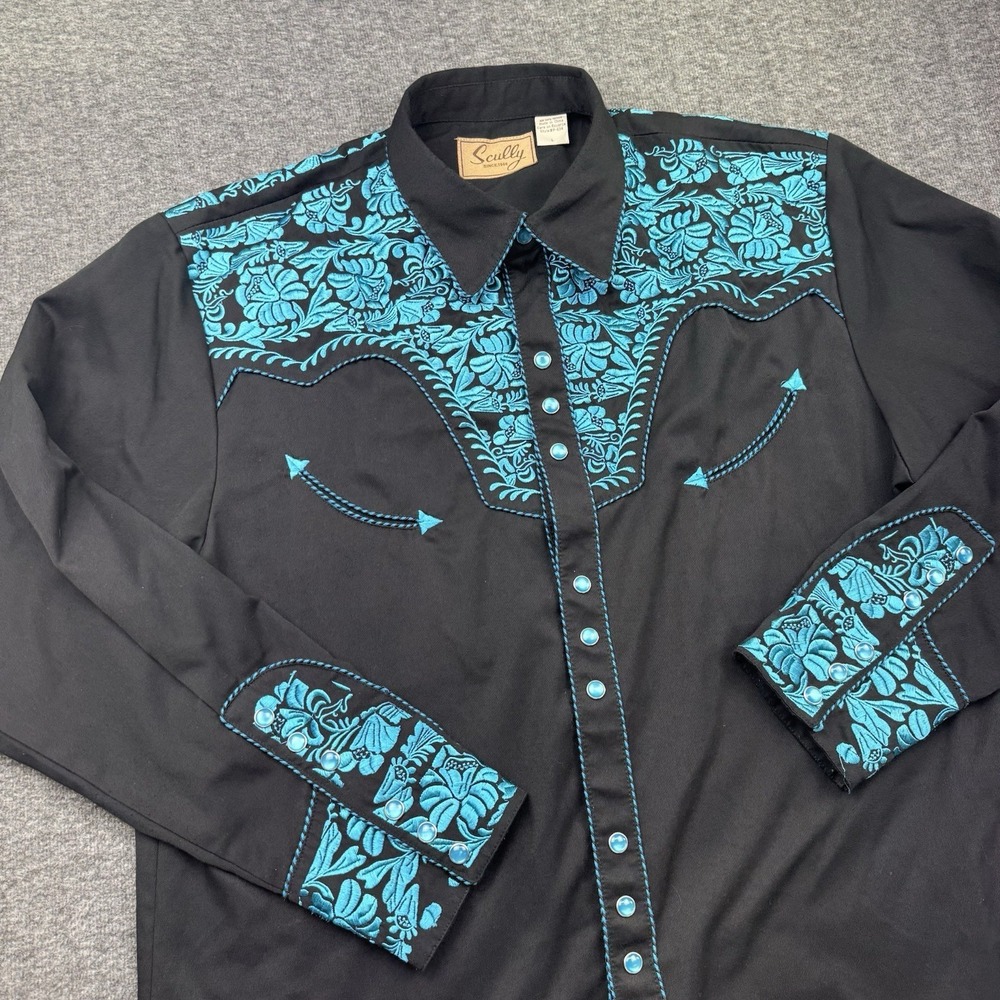 Scully Western Shirt Mens Large Black Blue Floral Embroidered Pearl Snap Cowboy